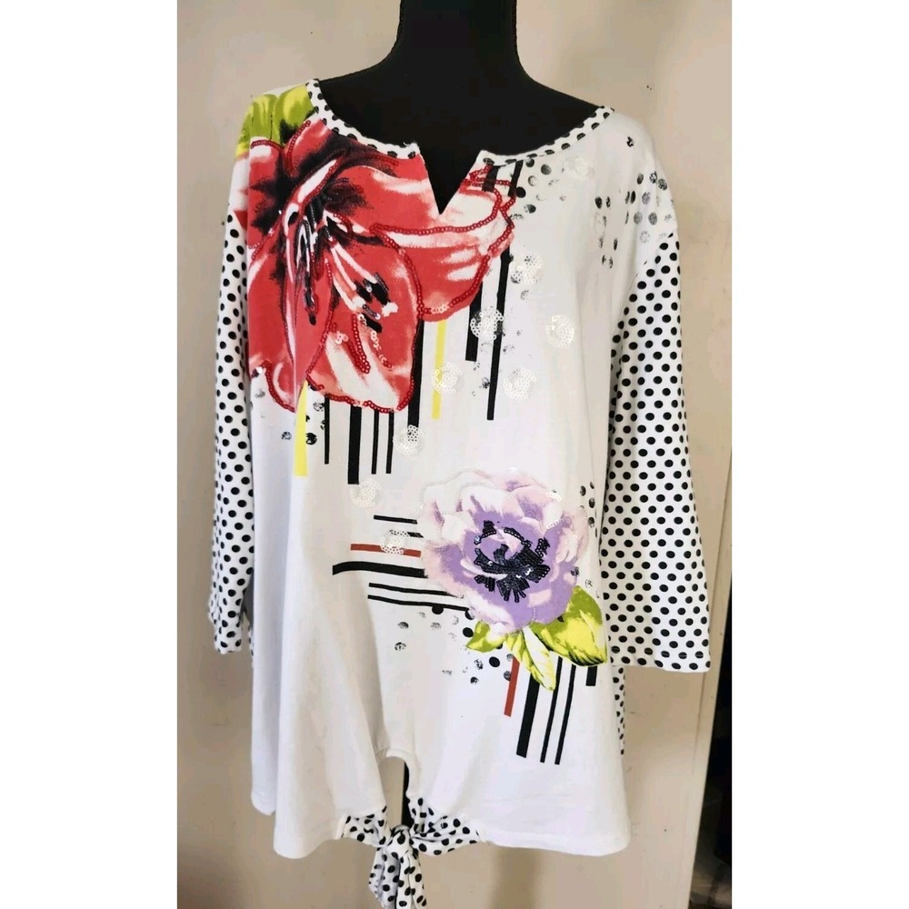 Onque Casual Womens 3X  Floral Polka Dot Sequins Front Knot Top Shirt 3/4 Sleeve